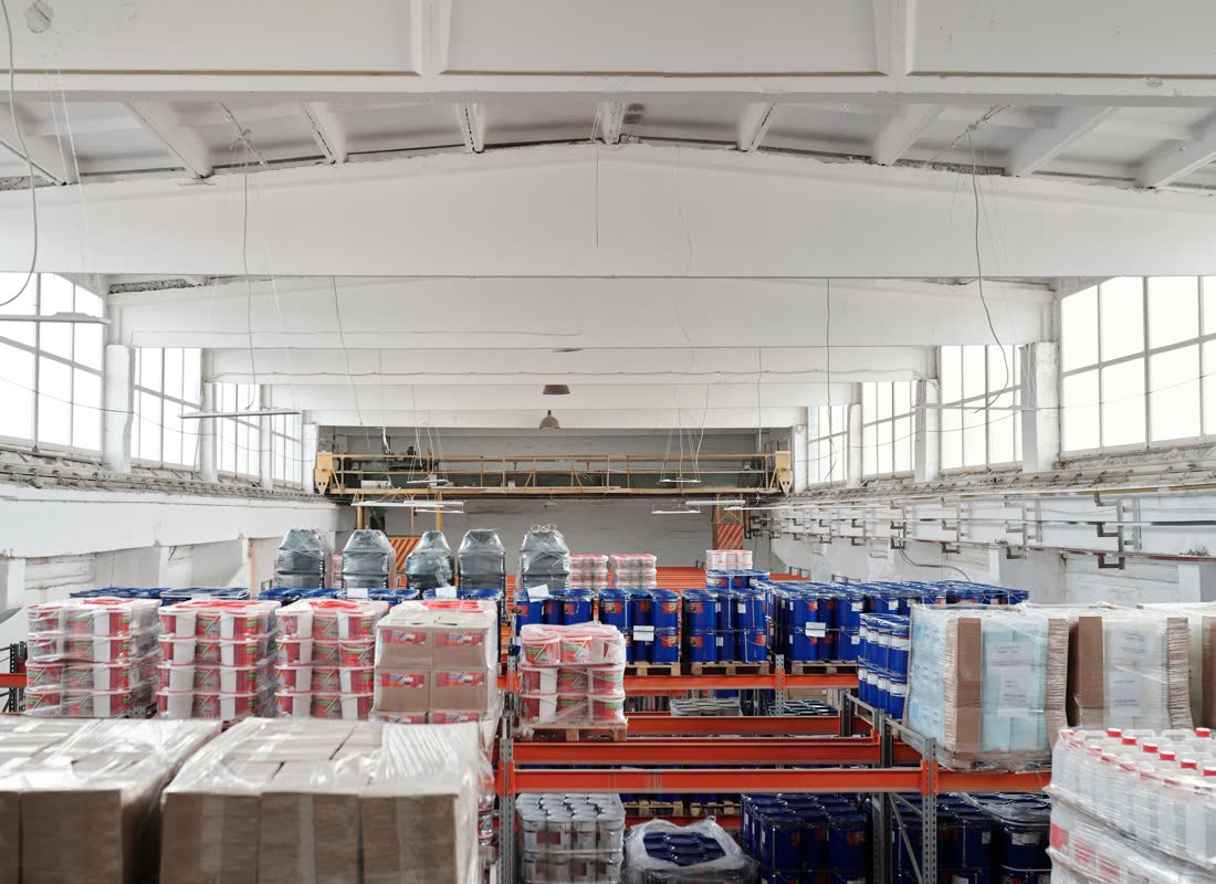 Palletized goods racked in a warehouse